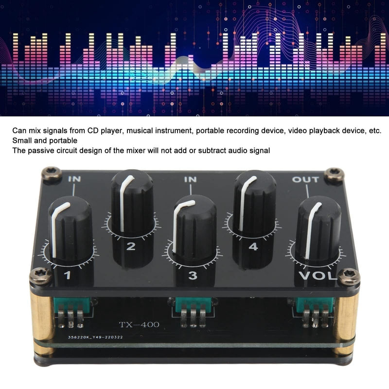 Audio Mixer, 4 Input 1 Output Mini Low Noise Sound Board Console Portable Passive Stereo Audio Mixer Mini Stereo Live Studio Console Audio Recording Mixers Music Mixer Machine