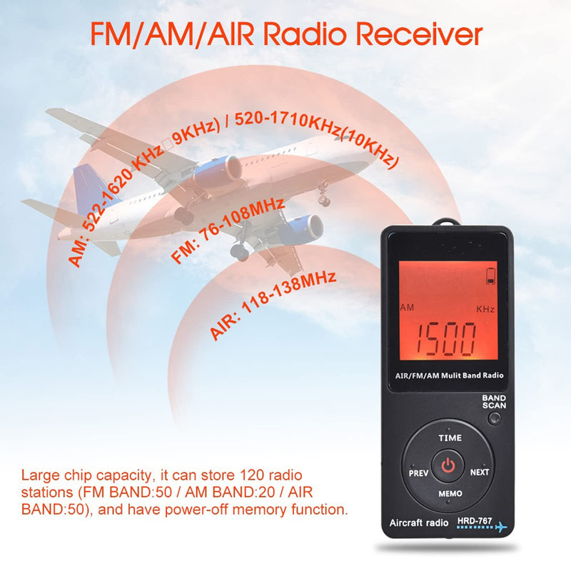 [AUSTRALIA] - Mini Aviation Band Radio Built in 400MAH Lithium Battery, FM AM AIR Radio with Earphone, Orange Backlight LCD Dispaly, Support Automatic Storage and Search 