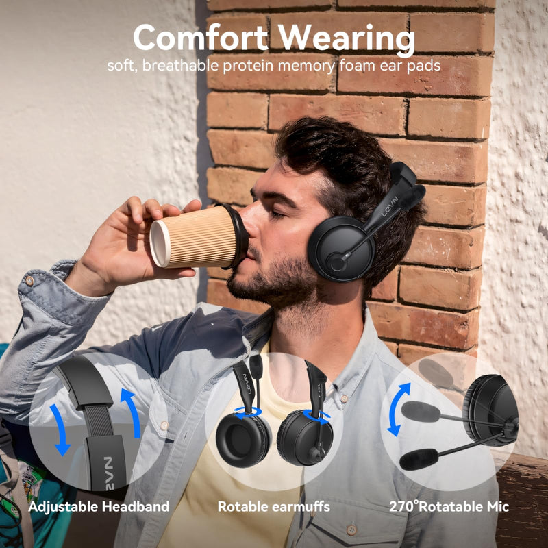 [AUSTRALIA] - LEVN Bluetooth Headset with Microphone, 60 Hrs Working Time Dual Connection Bluetooth Headphones with Mic, Wireless Headset with Mic for Work/Video Meetings/Phone/Call Center/PC/Music/Zoom/Teams 