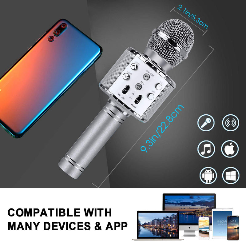 4 in 1 Karaoke Wireless Microphone with LED Lights, Portable Microphone for Kids, Great Gifts Toys for Kids, Girls, Boys and Adults (Silver) Silver