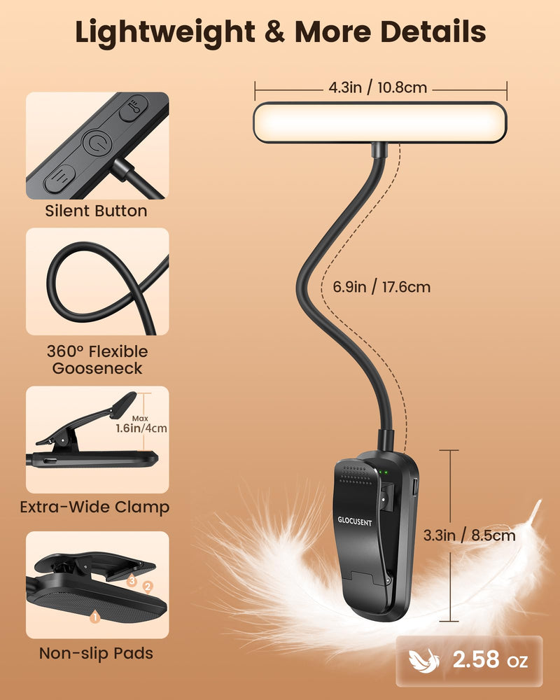 Glocusent USB Rechargeable Book Light with 3 Modes Red Light