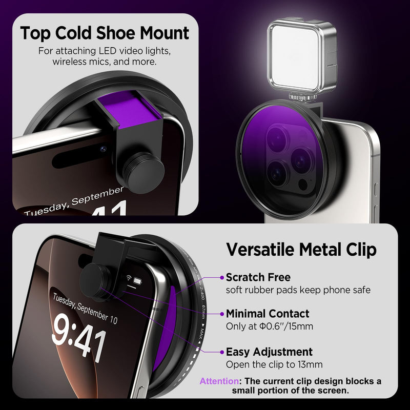 Universal Lens Filter Clip, 67mm Threaded Filter Adapter Mount for Phone Photography, Compatible with 67mm Threaded Filters & LED Lights, Built-in Cold Shoe Mount