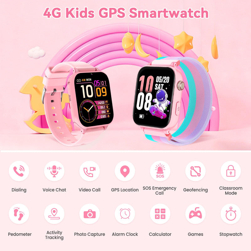 4G Kids Smart Watch Phone GPS, Smartwatch for Boys Girls Ages 4-12 Years with Video Call Chat Class Mode SOS Camera Alarm Games Parental App Touch Watch Gifts for Children (Includes SIM Card) Pink Rose Pink