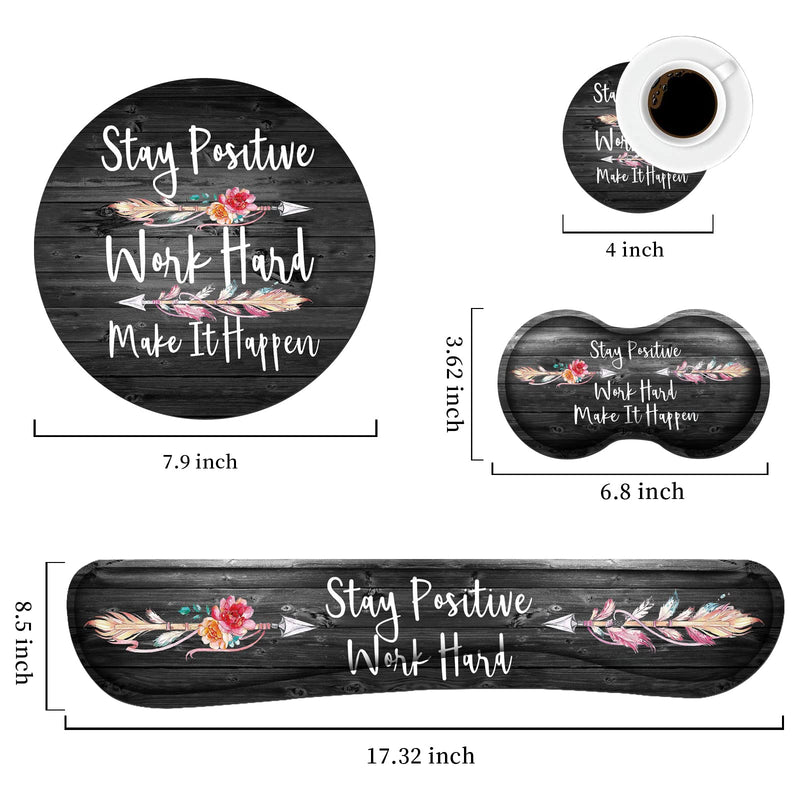 Keyboard Wrist Rest and Mouse Pad Wrist Support Set with Coasters [4Pcs], Stay Positive Work Hard and Make It Happen Inspirational Quotes Wrist Mouse Pad with Non-Slip Rubber Base for Home & Office