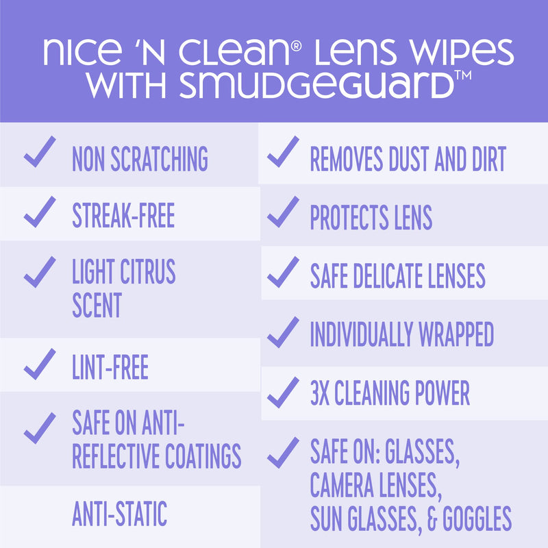 Nice 'n Clean SmudgeGuard Lens Cleaning Wipes (100 Total Wipes) | Pre-Moistened Individually Wrapped Wipes | Non-Scratching & Non-Streaking | Safe for Eyeglasses, Goggles, & Camera Lens 100 Count (Pack of 1)