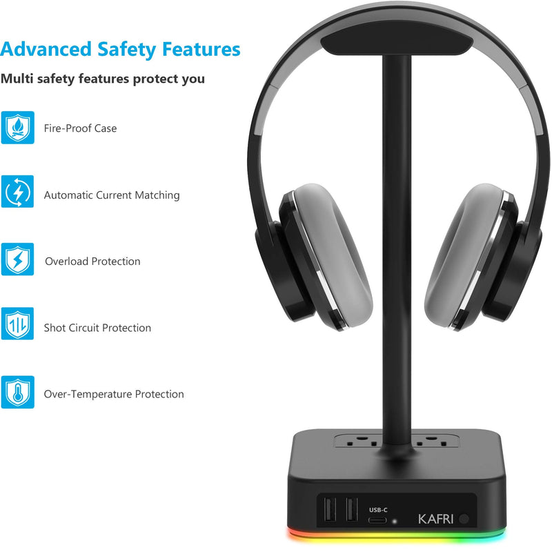 KAFRI RGB Headphone Stand with USB A&C Charger Desk Gaming Headset Holder Hanger Rack with 3 USB Charging Port and 2 Outlet - Suitable for Gamer Desktop Table Game Earphone Accessories Boyfriend Gifts A-ONE STAND
