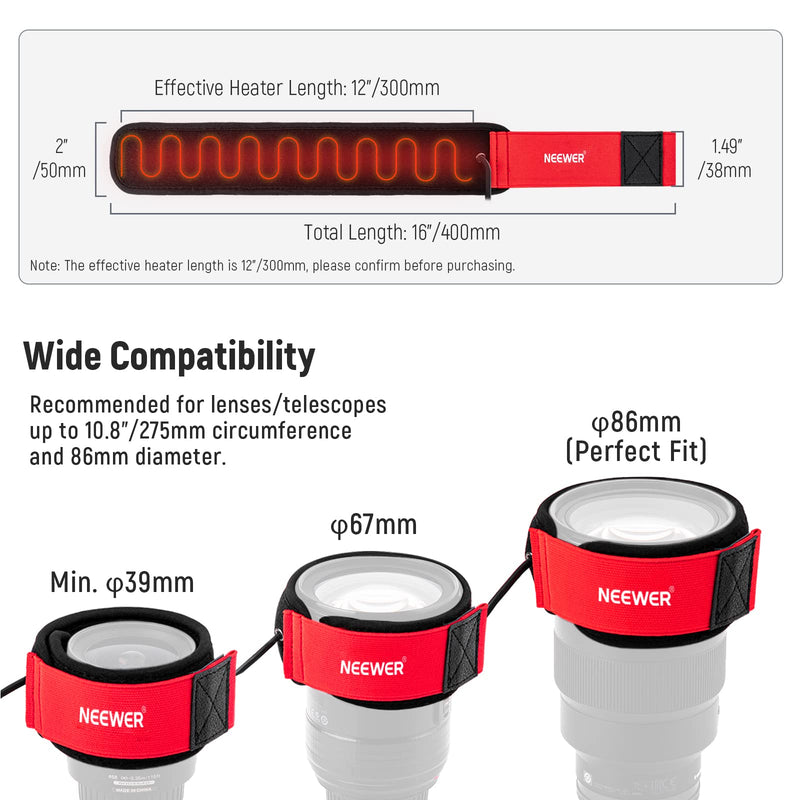 NEEWER USB Lens Heater, 12"/300mm Lens Warmer for DSLR Camera and Telescope, 3 Temperature Regulator Settings, Dew Heater Strip Prevents Dew, Fog & Condensation for Telescope Camera Astrophotography 300mm