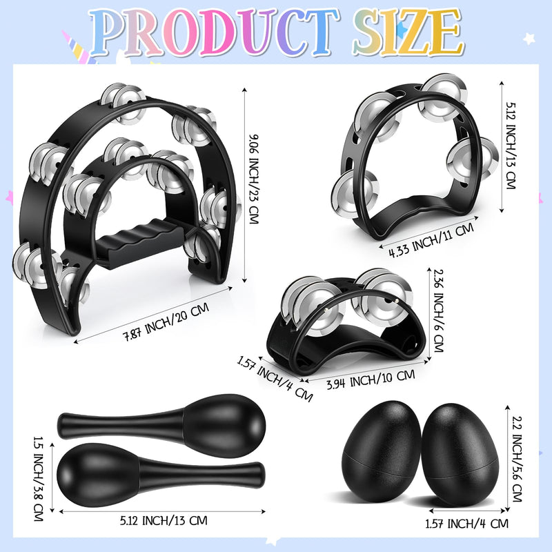 7 Pcs Tambourines for Adults, Metal Jingles Hand Held Percussion Half Moon Tambourine Foot Tambourine Sand Hammer Egg Shakers for Church KTV School Party Music Supplies