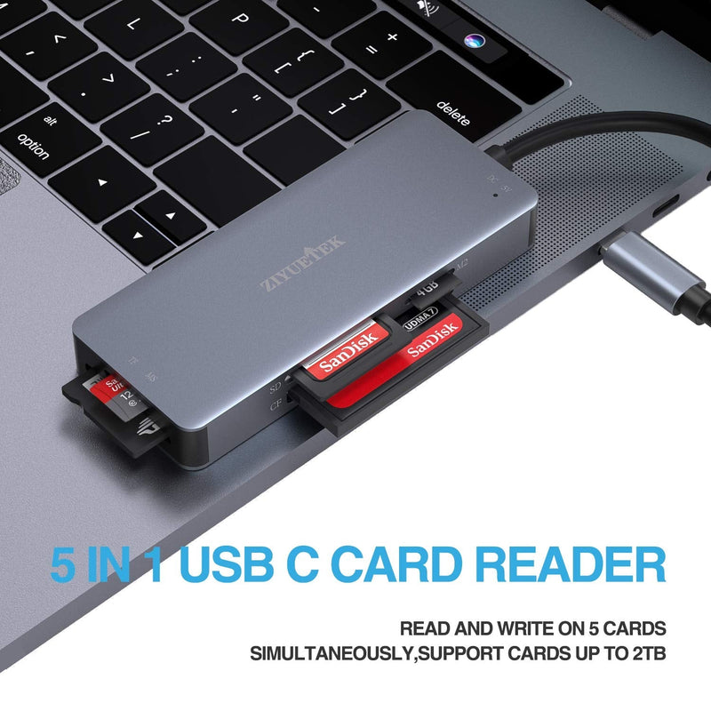 ZIYUETEK USB C CF Card Reader,5- in-1 Aluminum Thunderbolt 3 Memory Card Reader for CF, SD/SDHC,TF/Micro SD/MS/M2,CompactFlash Card - Grey TYPE-C