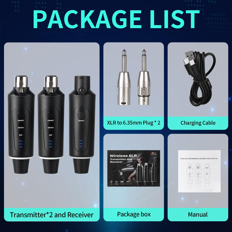 XLR Wireless Microphone System, Wireless Guitar Transmitter Receiver Plug-on for Dynamic and 48V Condenser Microphones, Audio Mixer, with 48V Phantom Power and Reverb Switch (2 transmitter,1 receiver)