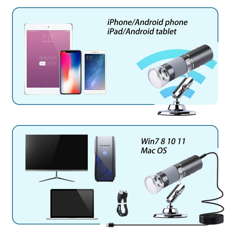HD 4K 3840x2160P WiFi Digital Microscope Camera for iPhone Android Phone and Windows Mac PC, Wireless Handheld Microscope with Stand for Adults and Kids