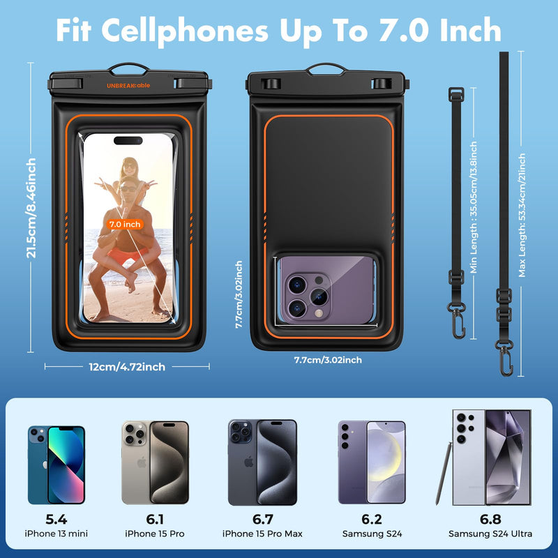 UNBREAKcable Waterproof Phone Pouch 2 Pack - IPX8 Floating Waterproof Phone Case Dry Bag for iPhone 15 14 Pro 13 13 Pro Max 12 11 XR XS SE 2022/2020, Samsung S24 S23 S22 S21 FE, Up to 7.0 inch- Black