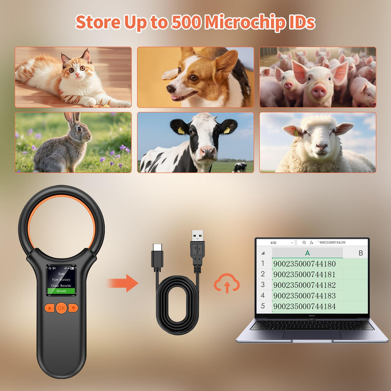 KUIIYER Pet Microchip Scanner, Rechargeable RFID EMID FDX-B (ISO 11784/11785) Micro Chip Reader with LCD Screen Display & 500 Storage Records, 15 Digit Pet Chip Scanner for Dog/Cat/Pig/Animal