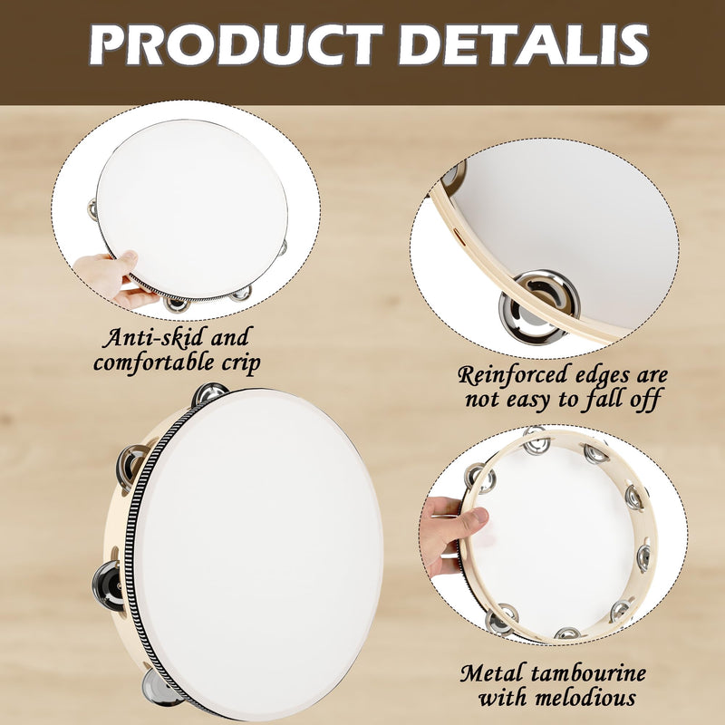 4 Pcs 10 Inch Adult Wedding Tambourines Drum Wooden Natural Handheld Drums Metal Jingles Drums Musical Instruments Percussion for Church Wedding Party Favor