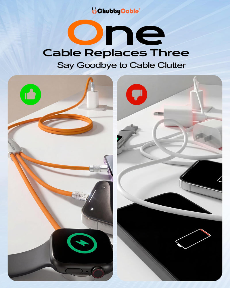 chubbycable 3 in 1 Silicone USB C Cable for Apple Watch, Orange, 4.1FT | Travel Essentials, 100W Fast Charging, Strong Magnetic, 480Mbps Data Transfer, E-Marker Safety Chip, 45,000+ Bend Tested