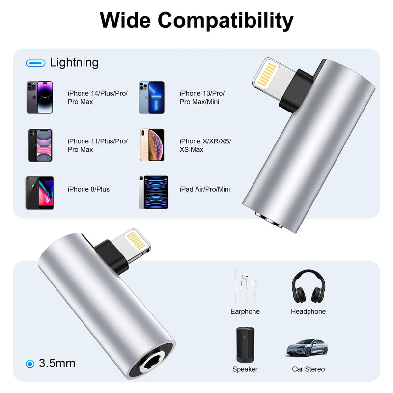 2Pack [Apple MFi Certified] Lightning to 3.5 mm iPhone Headphone Adapter Compatible for iPhone 14 13 12 11 Pro XR XS Max X 8 7 6,Aux to Lightning Cable Headphones Jack Adapter Audio Dongle Right Angle Silver