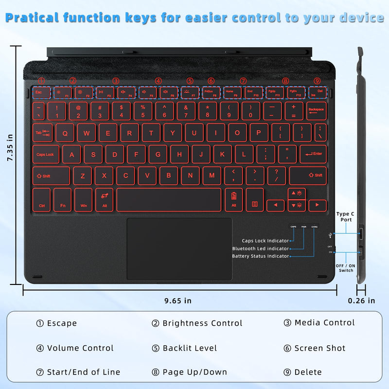Keyboard Case for Surface Go 3 / Surface Go 2 / Surface Go, 7 Color Backlight Magnetic Detachable Bluetooth Keyboard with Trackpad, Rechargeable Keyboard for Surface Go - Black Black Surface Go 3/2/1 Keyboard Case - Backlit