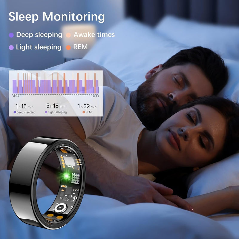 Smart Ring for Women Men, Fit Ring with Heart Rate, Blood Oxygen,Stress, Sleep Tracker, Step Tracker, Fitness Rings No Subscription Fee, IP68 Waterproof Smart Ring for iPhone & Android (Black, 9#) Black 9#