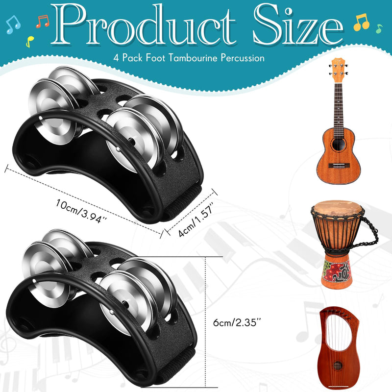 [AUSTRALIA] - 4 Pcs Foot Tambourine Percussion Musical Instrument foot tambourines for adults Foot Percussion Pedal with Metal Bells Shoe Tambourines Shakers for Drum Guitar Playing(Black) Black 