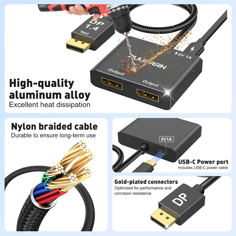 4K@60Hz DisplayPort to Dual DisplayPort Splitter for Dual Monitors Adapter | DisplayPort Mst Hub, DP 1.4 to Dual DP Adapter 1 in 2 Out Extended Display Port Splitter for PC, NVIDIA, AMD Graphics Card 4k DP to dual DP adapter