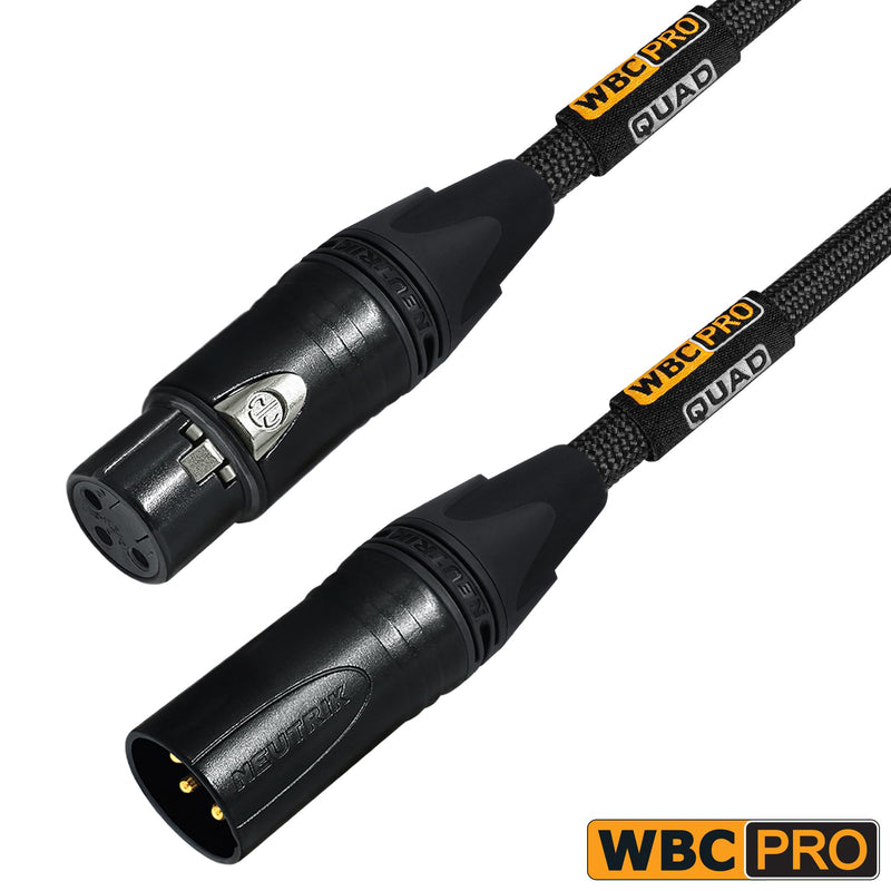 12 Foot - WBC-PRO-Quad Ultra-Silent Ultra-Flexible Balanced Star-Quad Cable with Neutrik Male & Female XLR Plugs & Black Tweed Jacket