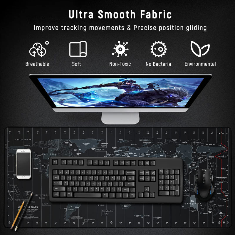 JIALONG New Upgraded Version Large Mouse Pad Desk Mat Comfortable Mousepad with Personalized Design Extended Size 35.4 X 15.7X 0.12 inches for Laptop, Computer and PC - Black World Map Typ 1