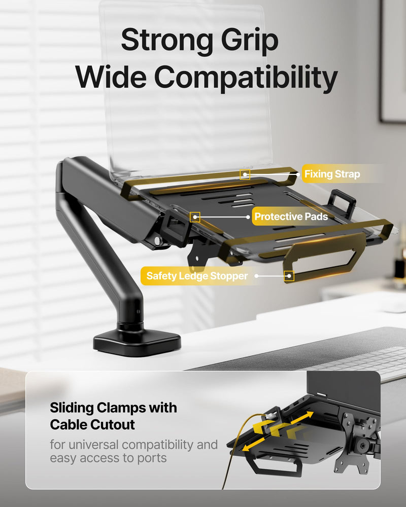 monTEK 2-in-1 Laptop & Monitor Desk Mount, Fits 12–18"Laptops & 32" Screens | 2-in-1 Desk Mount with Removable Vented Laptop Tray, Full Motion Arm with Clamp/Grommet Base, 75/100 VESA Mount Single Arm