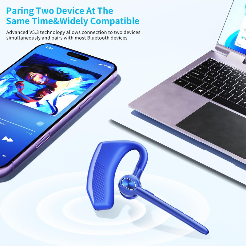 [AUSTRALIA] - Bluetooth Headset Wireless Earpiece Microphone 180H Playtime 1000mAh Wireless Charging Case Handsfree Single Ear Headset LED Display for iPhone Android Cellphones PC Computer Trucker Drivers Work Game Blue 