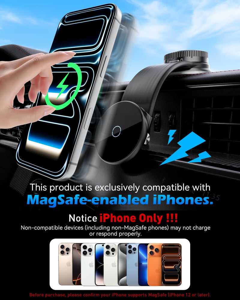 CloudValley Magnetic Car Mount with 15W Fast Charging, 360° Adjustable Bendable Aluminum Arm, Dashboard & Windshield Wireless Charger Phone Holder with Upgraded Silicone Adhesive Pad for iPhone Magnetic Wireless Car Charger