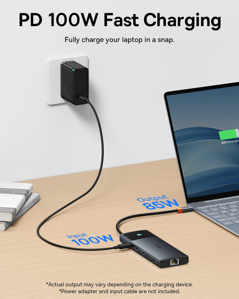 Baseus Docking Station Dual Monitor,10Gbps 10 in 1 Docking Station with 2 HDMI Single 4K@120Hz, Dual 4K@ 60Hz,10Gbps USB C and USB A, Gigabit Ethernet, PD 100W, SD/TF for iPhone 15/Mac/Dell/HP/Lenovo Black