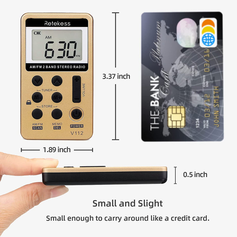 Retekess V112 AM FM Radio Portable, Mini Radio,Digital Tuning Rechargeable Battery LCD Display for Walking Jogging(Gold) Gold