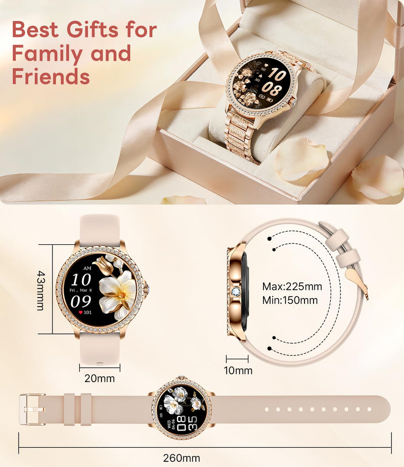 Smart Watch for Women Diamond, Bluetooth Calls, 1.32-inch HD Screen Round Fitness Tracker with Menstrual Cycle/Sleep/Heart Rate Monitor, 100+ Sports Mode, Android/iOS Phone, Rose Gold