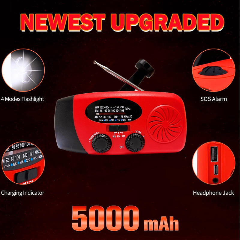 18500mWh/5000mAh Emergency Crank Weather Radio, iRonsnow NOAA/FM/AM Solar Radios, Portable Survival Radio with SOS, Earphone Jack, 1W 4 Modes LED Flashlight, Cell Phone Charger for Camping Hiking 5000mAh Red