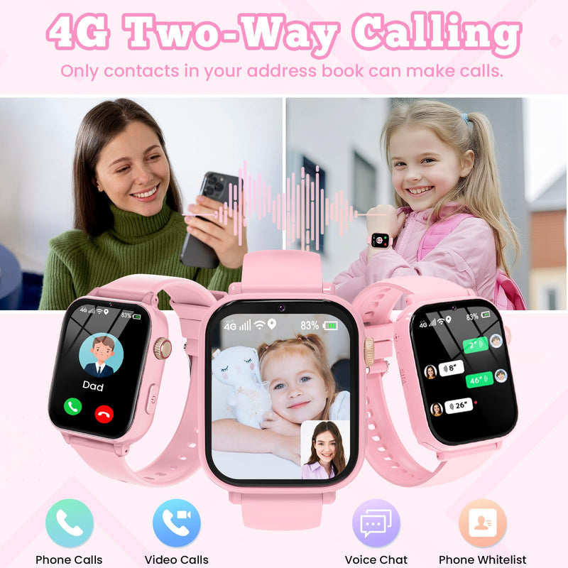 4G Kids Smart Watch for Boys Girls GPS Tracker, Children Watches Phone Call | Smartwatch Phone Gifts for Teens Toddler Ages 4-12 Years with SIM Card Video & Voice Call SOS, Parental APP, Class Mode Light Pink