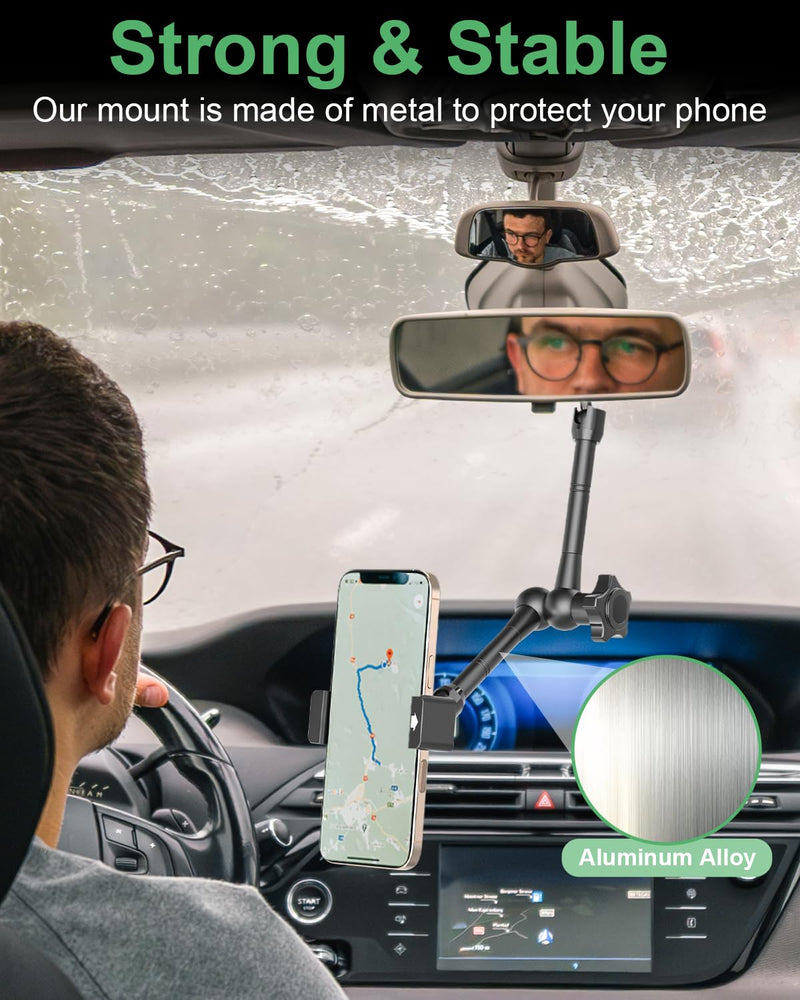 Charchendo Pro Zinc Alloy Rearview Mirror Car/Truck Phone Mount 4-7" | Rock-Solid Anti-Sag Design, Heavy Duty Metal Arm, 360° Rotatable, Mounts On Offroad Trucks, Cars. Fits 4-7" Phones