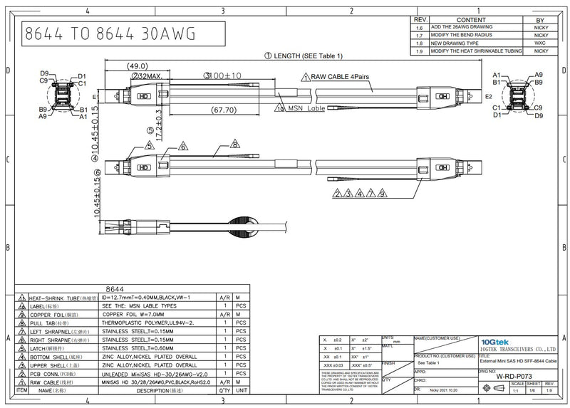 12G Mini SAS HD SFF-8644 to SFF-8644 SAS3.0 Cable for Hard Disk Server, SAN, Raid Card, 100-Ohm, 2-m(6.6ft) 2m 1