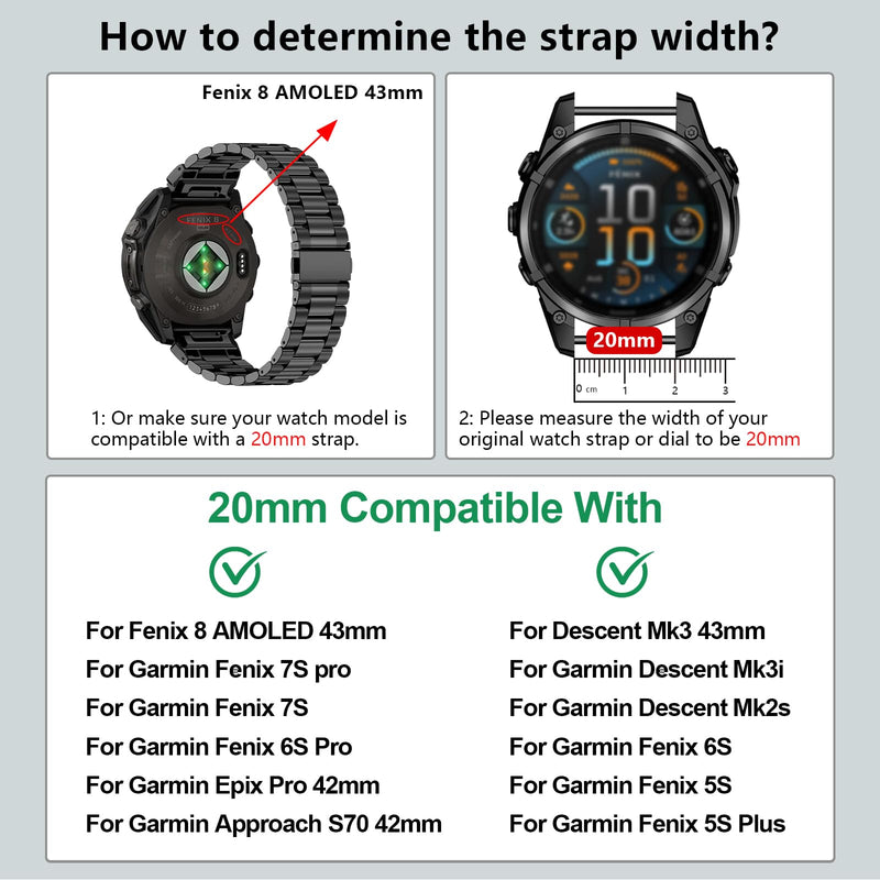 20mm Watch Band Compatible With Garmin Fenix 8 AMOLED 43mm/Fenix 7S pro sapphire solar/Fenix 6S Pro/Fenix 5S Plus/Descent Mk3i 43mm/Mk2s/Approach S70 42mm