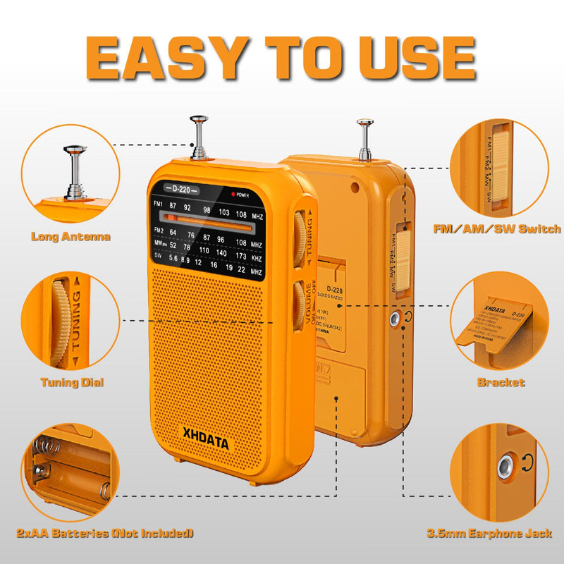 D220 Portable Radio AM FM SW Shortwave Radio Receiver Pocket Radio, 2 AA Battery Operated, Transistor Radio with Excellent Reception for Gift, Family, Elder (Orange) Orange