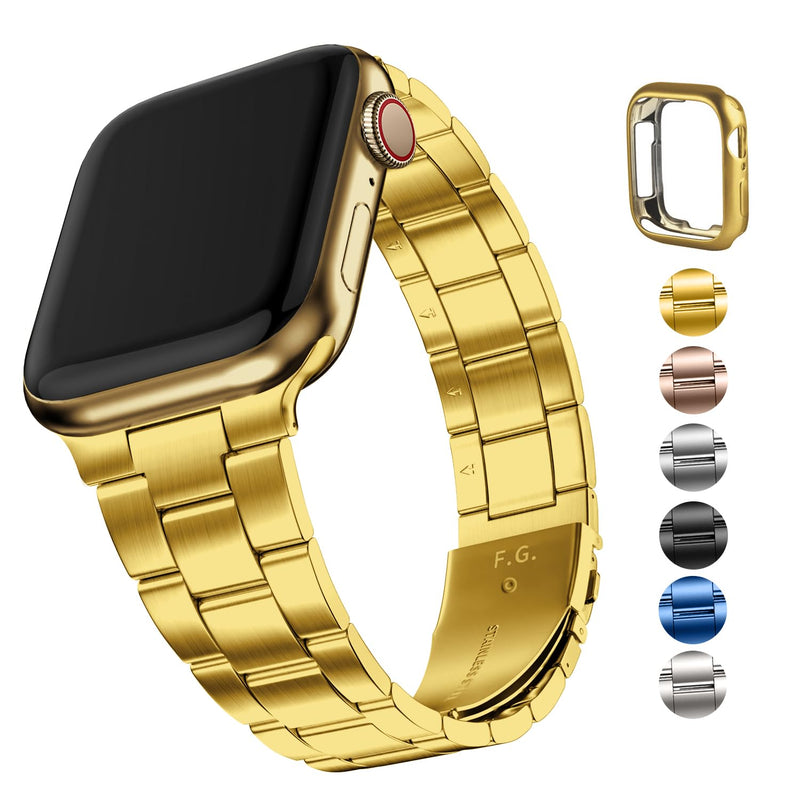 Fullmosa Compatible Stainless Steel No tools needed Apple Watch Band 41mm/40mm/38mm Gold with Case & Compatible Metal iWatch Band witah case 41mm/40mm/38mm,Silver with Gold
