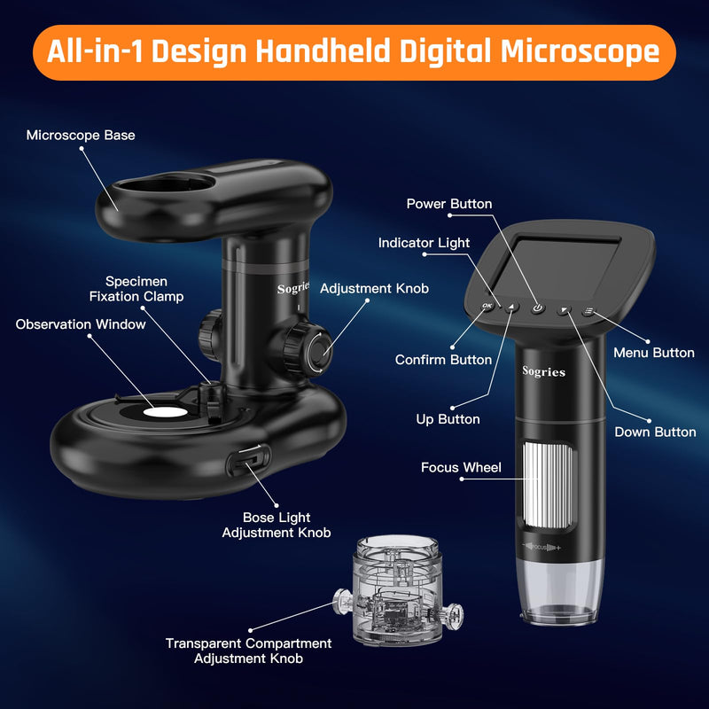 [AUSTRALIA] - 1000x Microscope-Handheld Digital Microscope for Children with 2" LCD Screen,Pocket Microscope for Kids with 8 Adjustable LED Lights,Coins Electronic Magnifier Camera,USB to PC,Including 32GB SD Card 