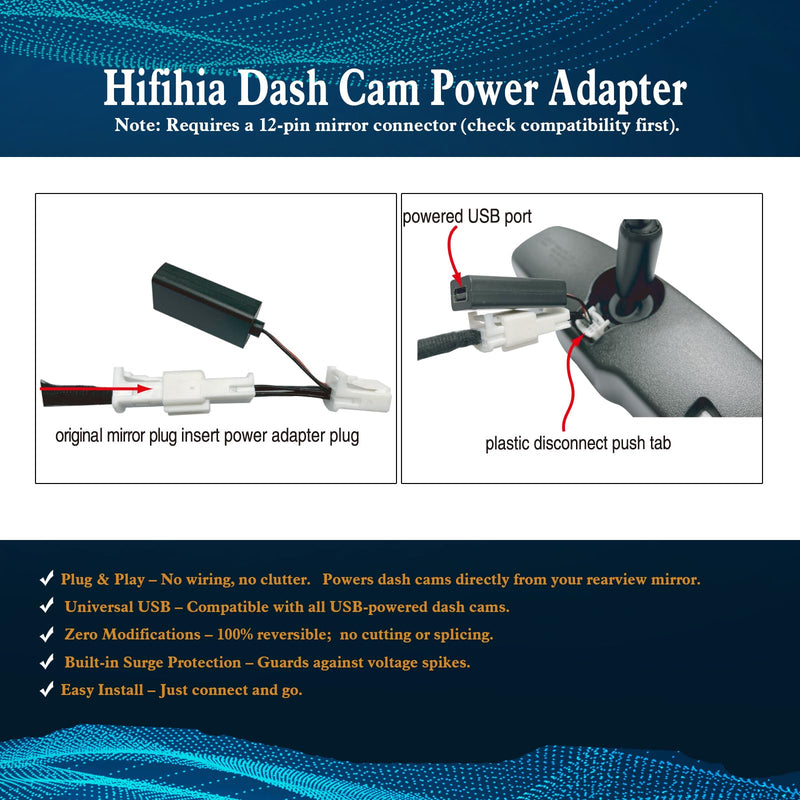 [AUSTRALIA] - Plug & Play Dash Cam Power Adapter (12-pin Type A) for Toyota Tacoma (2015-2023), Select Highlander, Tundra, Sienna; Honda Ridgeline. Connects to Rear View Mirror Plug 