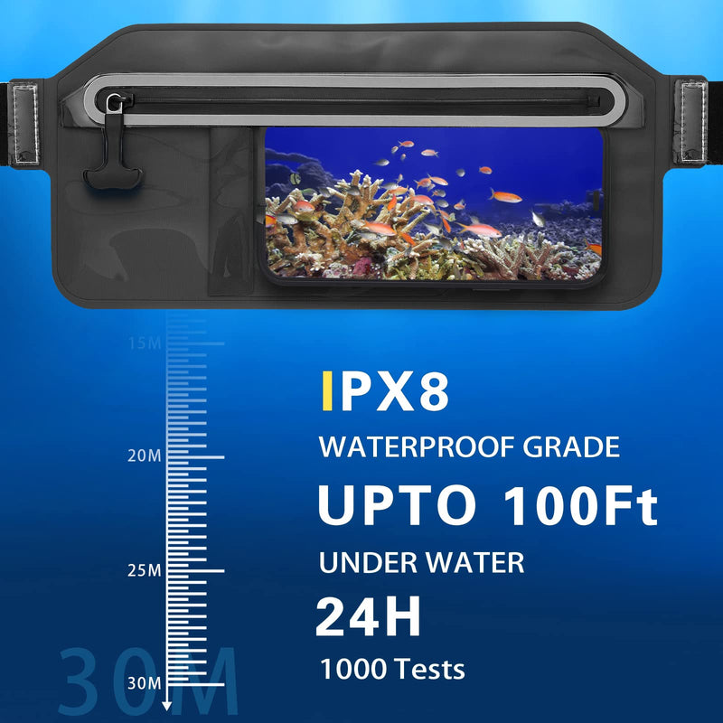 Waterproof Phone Pouch,IPX8 Waterproof Phone Case with Adjustable Waist Strap,Compatible with iPhone Whole Series Galaxy Whole Series up to 7",Waist Bag for Beach, Boating,Swim,Black Black