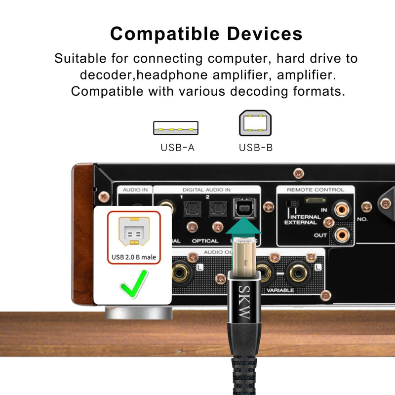 SKW Audiophile USB A to USB B DAC Cable 6.5ft/2m, Digital Audio USB 2.0 | Ultra-high Purity Copper, Printer Cable, Double-shielded, Gold-plated Contacts, Braided Nylon Jacket, PC to DAC, Sound Card 6.5 ft (2 m)