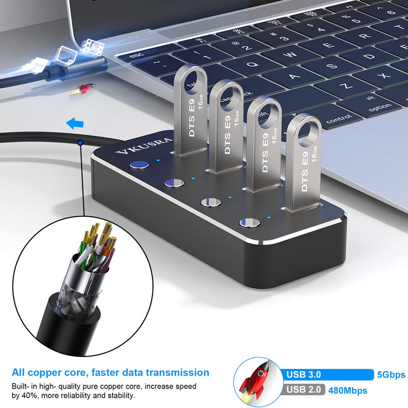 USB Hub,VKUSRA 4 Port USB 3.0 Hub Splitter with 4ft USB Extension Cable Multiple Port and Individual On/Off Switchs,USB Port Expander for Laptop PC USB HUB 4 PORTS