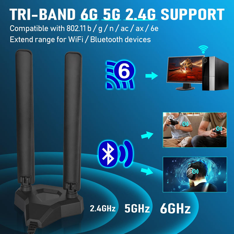 Eightwood WiFi 6E Tri-Band Antenna 6GHz 5GHz 2.4GHz Gaming WiFi Antenna | Magnetic Base Antenna with 6.5ft Extension Cable for PC Desktop Computer PCIe WiFi 6E Card, Router 5dbi wifi 6e antenna