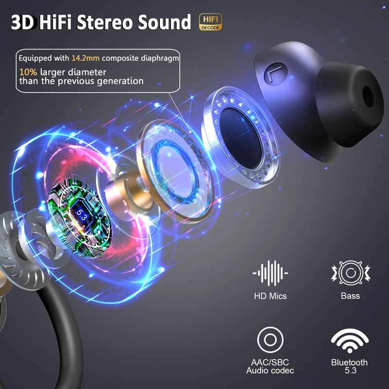 Wireless Earbuds Bluetooth Headphone Sport, 2024 Bluetooth 5.3 Earbud 14.2mm Driver Stereo Over Ear Buds, 48Hrs Earphone with Earhook, Noise Cancelling Mic, IP7 Waterproof Headset for Workout/Running 800 mAh Black