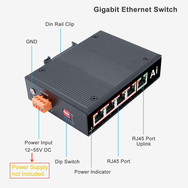 Industrial 5 Ports Gigabit Ethernet Switch Din Rail Mount Ethernet Hub | 10/100/1000Mbps, Aluminum Case, -40 to 176°F Operating Temperature, Cost–effective KP-GY005G