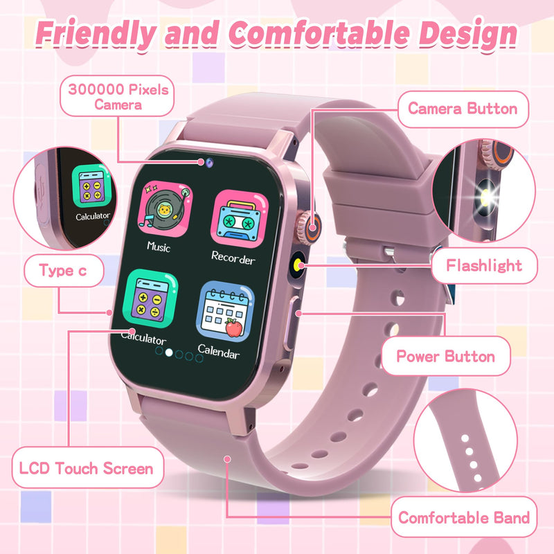 Phyulls Kids Smart Watch Gift for Girls Age 4-12, HD Touch Screen Kids Watches with Video Camera Music Player Pedometer Flashlight 12/24 hr Educational Toys Birthday Gifts for Girls Ages 6 7 8 9 10