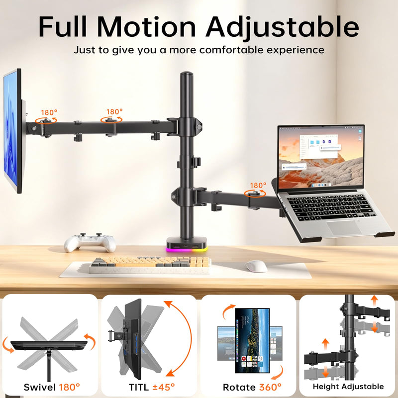 Afaloona RGB Monitor & Laptop Stand with USB Hub, Charging & Data Transfer | Fits 13-32" monitors and 11-17" laptops with a removable tray that converts to a dual monitor mount, up to 18 lb per arm RGB Laptop & Monitor Stand