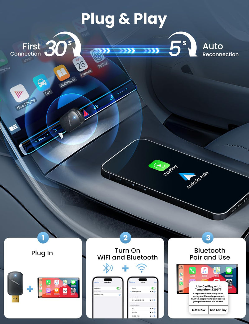 [AUSTRALIA] - Mini Wireless Carplay and Android auto Adapter with Fastest Connection Car, No Latency Wireless Carplay Adapter, Tying to Cars from 2016 & Phone with Android 10+ / iPhone 6 or Above USB-A/Type-C 